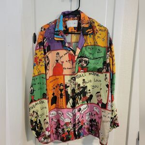 AZ Factory Pajama Valentine Printed Comic Silk Twill Button Up Top